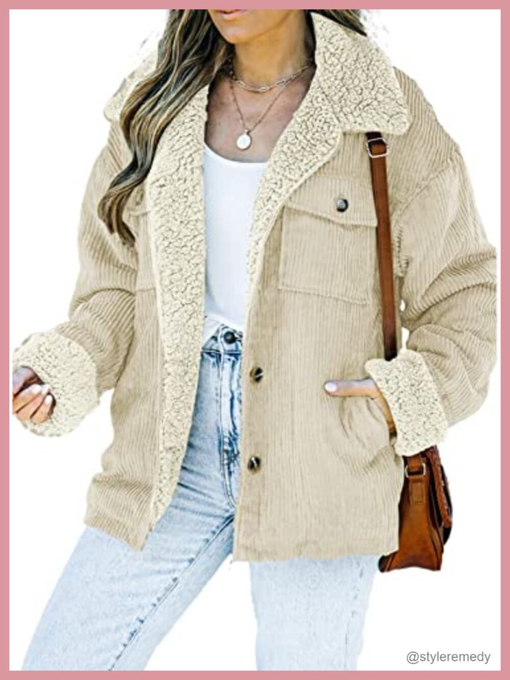 Corduroy Sherpa Lined Jacket Loose Fit Button Front Casual Winter Coat